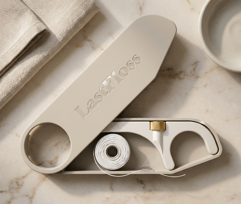 LastFloss open in its travel case on a marble table